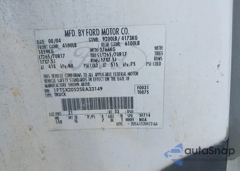 2005 Ford F-250 Lariat/Xl/Xlt z USA, uszkodzony, nr VIN 1FTSX20525EA33149